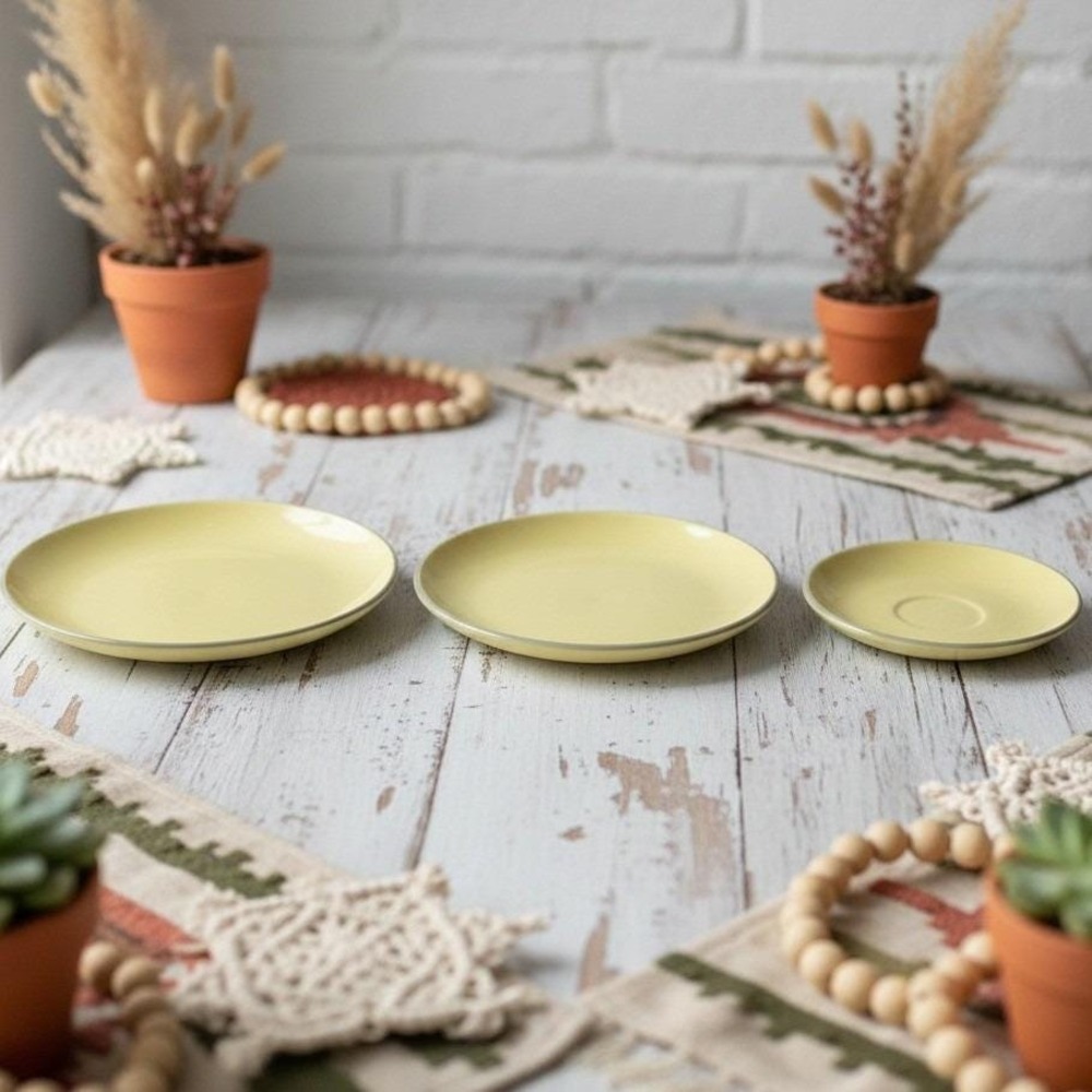 Harkerware Yellow Dinnerware, 2 Salad Plates & 1 Saucer, Mid Century Tableware